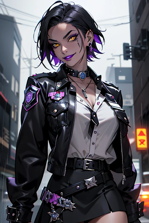 Beautiful police vampire, short black French bob hair at the back of her neck, yellow eyes with punk style makeup, purple lipstick, wearing a gray fitted blouse and skirt, punk style jacket, police badge on her belt, showing her defined abdomen, charming smile, in the backdrop of the night city with gentle rain