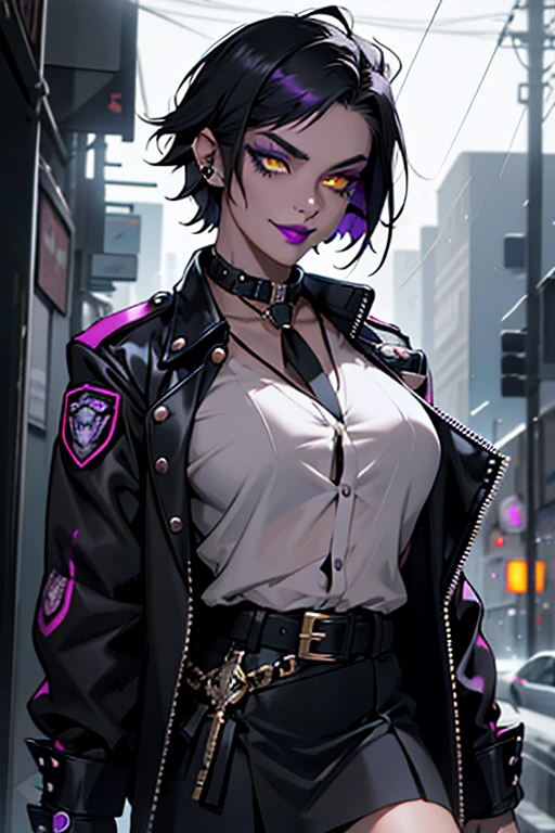 Beautiful police vampire, short black French bob hair at the back of her neck, yellow eyes with punk style makeup, purple lipstick, wearing a gray fitted blouse and skirt, punk style jacket, police badge on her belt, showing her defined abdomen, charming smile, in the backdrop of the night city with gentle rain