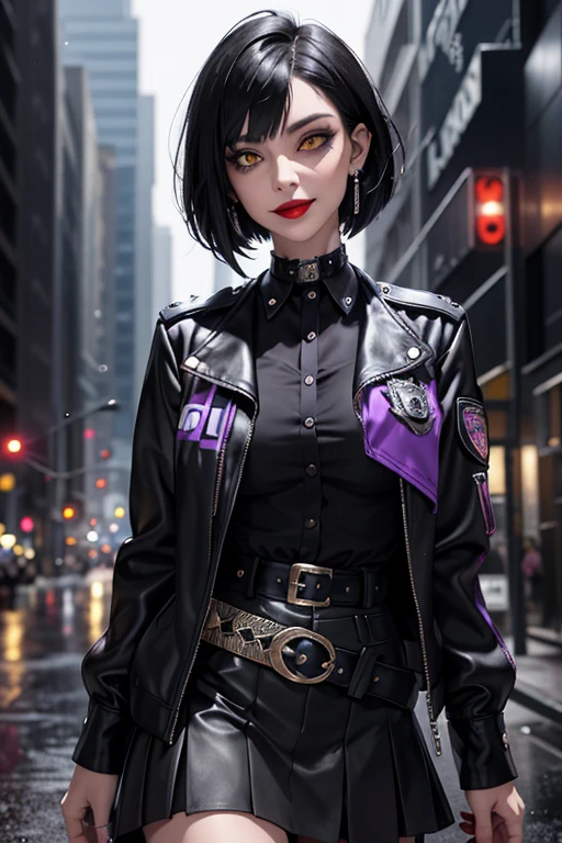 Beautiful police vampire, short black French bob hair at the back of her neck, yellow eyes with punk style makeup, purple lipstick, wearing a gray fitted blouse and skirt, punk style jacket, police badge on her belt, showing her defined abdomen, charming smile, in the backdrop of the night city with gentle rain