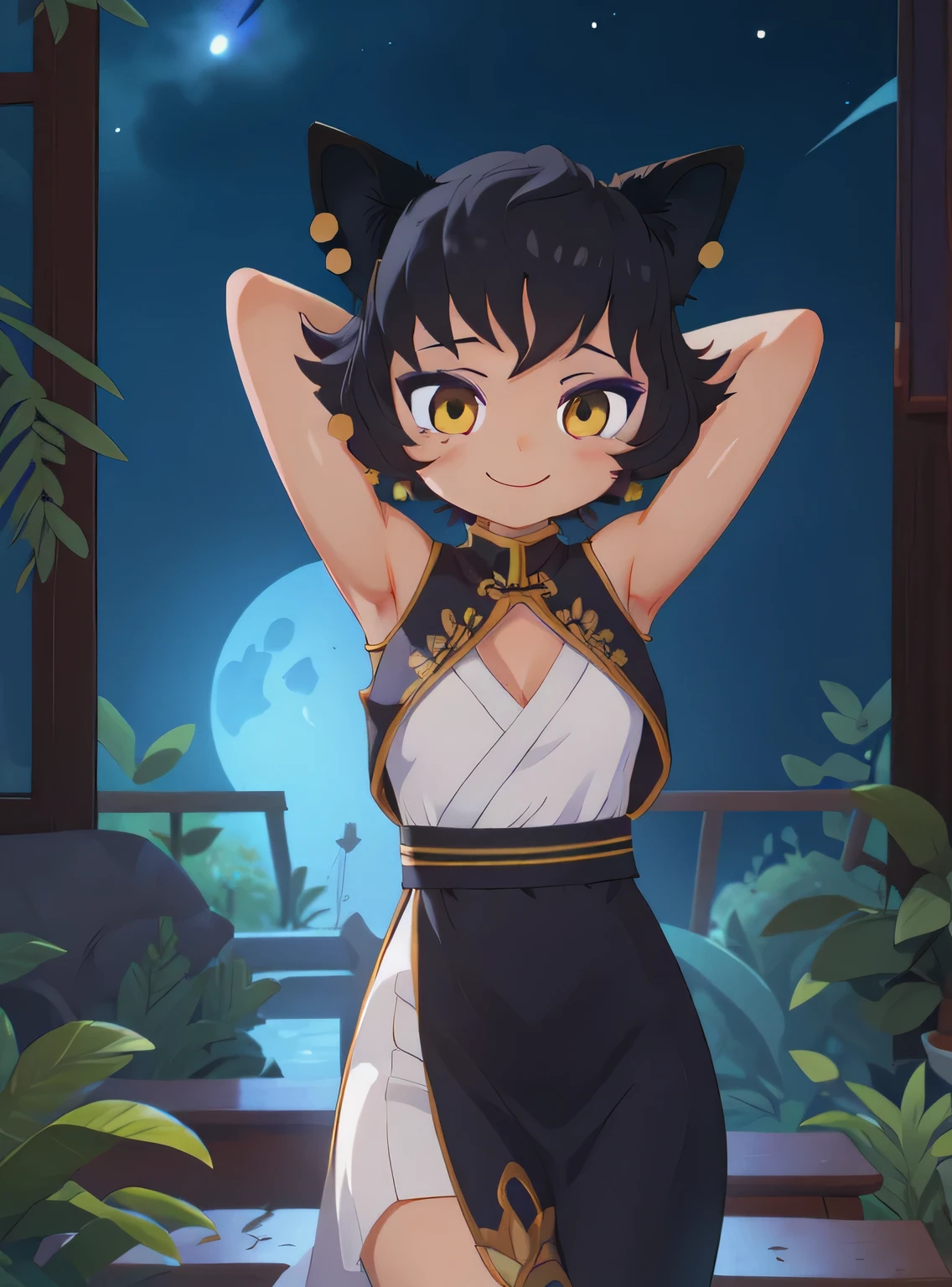 8k, highly detailed, mature female,
kali belladonna, ((chibi)),
prom dress,
 solo, night sky, forest, arms behind head, contrapposto, spread armpits, closed mouth, smile, cowboy shot, 