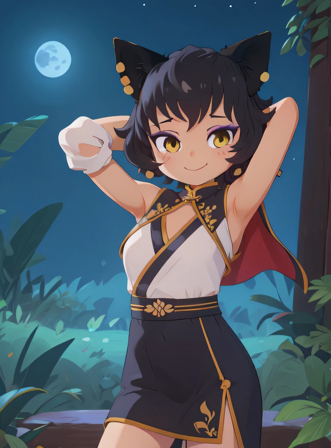 8k, highly detailed, mature female,
kali belladonna, ((chibi)),
prom dress,
simple background,
 solo, night sky, forest, arms behind head, contrapposto, spread armpits, closed mouth, smile, cowboy shot, 