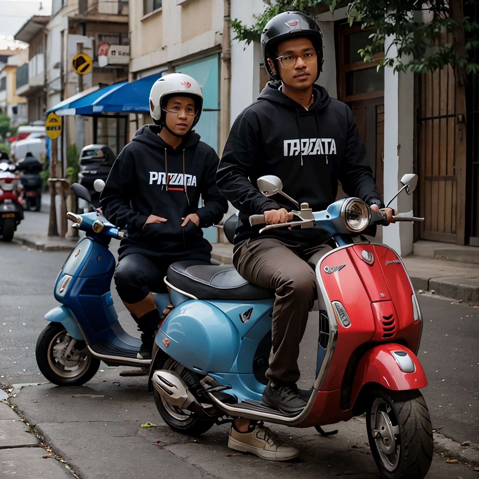Pria pakai hoodie, pakai kacamata, naik vespa