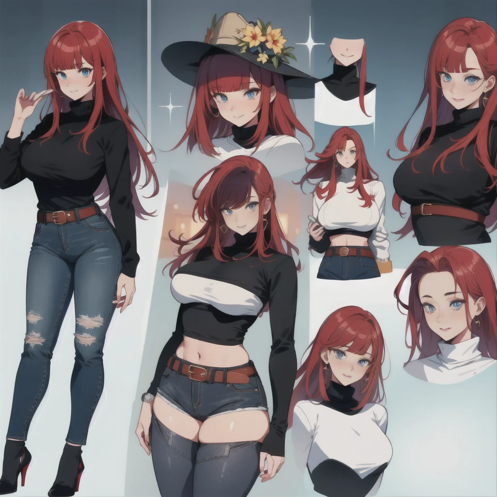 (masterpiece, best quality, high quality, highres:1.4), detailed, extremely detailed, ambient soft lighting, 4K, 1girl, (mature female, milf:1.2), (long hair, orange hair, blunt bangs, long sidelocks:1.3), (red eyes, smile,:1.2), huge breasts, saggy breasts, breasts squeezed together, voluptuous, wide hips, narrow waist, thick thighs, super big ass (white turtleneck, black jeans, high waisted, belt, high heels:1.2), (charactersheet, multiple views, full body, reference sheet:1.3), simple background, white background, plain background