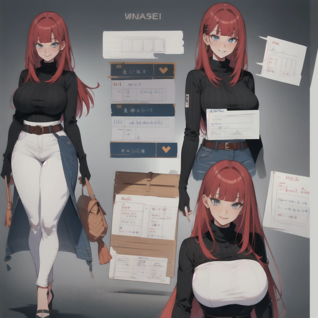 (masterpiece, best quality, high quality, highres:1.4), detailed, extremely detailed, ambient soft lighting, 4K, 1girl, (mature female, milf:1.2), (long hair, red hair, blunt bangs, long sidelocks, ((straight hair)):1.3), (blue eyes, smile,:1.2), huge breasts, saggy breasts, breasts squeezed together, voluptuous, wide hips, narrow waist, thick thighs (white turtleneck, black jeans, high waisted, belt, high heels:1.2), (charactersheet, multiple views, full body, reference sheet:1.3), simple background, white background, plain background
