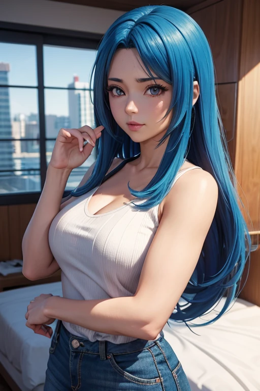 garota de anime com cabelo comprido e camisa azul posando para uma foto, estilo anime 3 d realista, anime 3d realista, anime fotorrealista, anime fotorrealista girl render, Arte suave em CG de anime, Estilo Animed 3d, estilo de arte de anime realista, Estilo de realismo de anime, Estilo Anime. 8k, jovem anime realista, 3d rendering of a cute anime girl