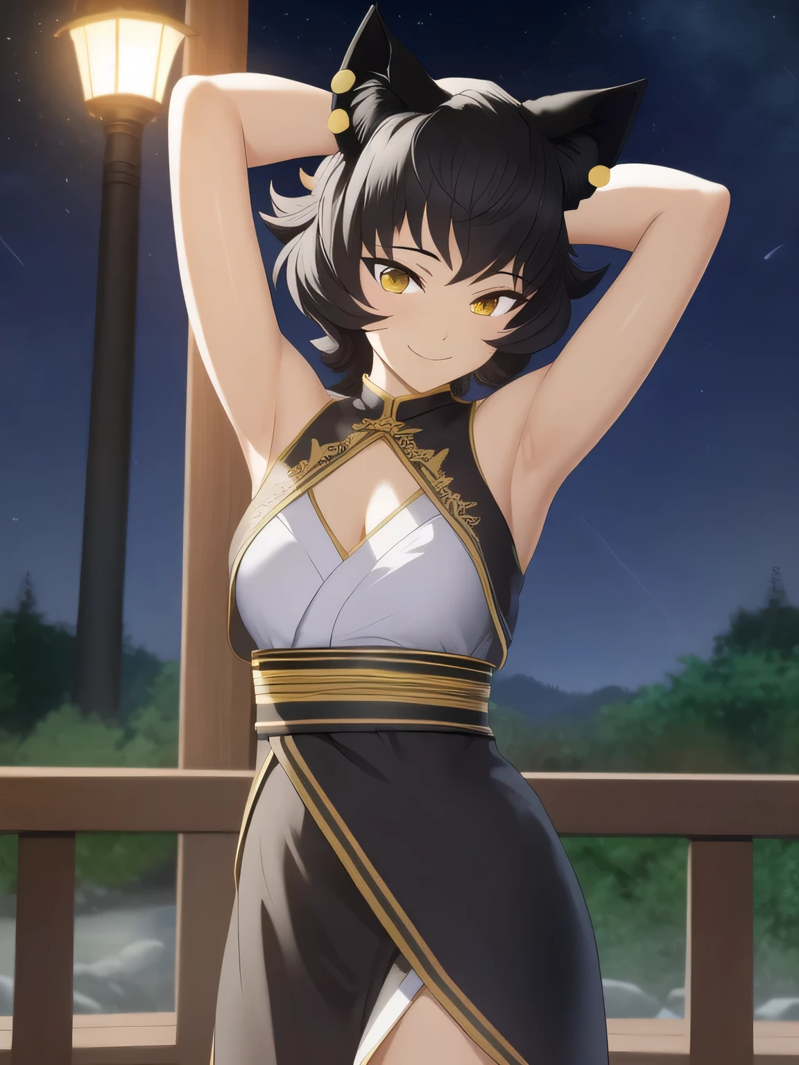 8k, highly detailed,
kali belladonna,
dress,
solo, night sky, forest, arms behind head, contrapposto, spread armpits, closed mouth, smile, cowboy shot, smile, looking at viewer