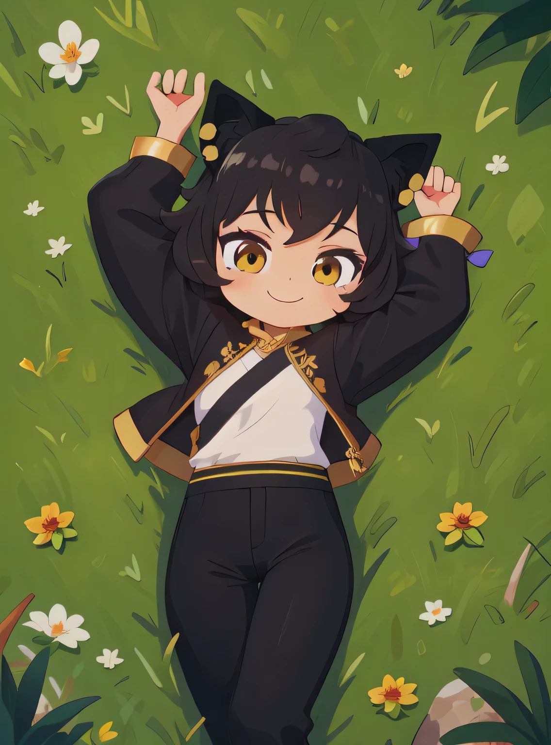 8k, highly detailed, mature female,
kali belladonna, ((chibi)),
black pants,
 solo, on back, on grass, arms up, in the center, closed mouth, smile, cowboy shot, 