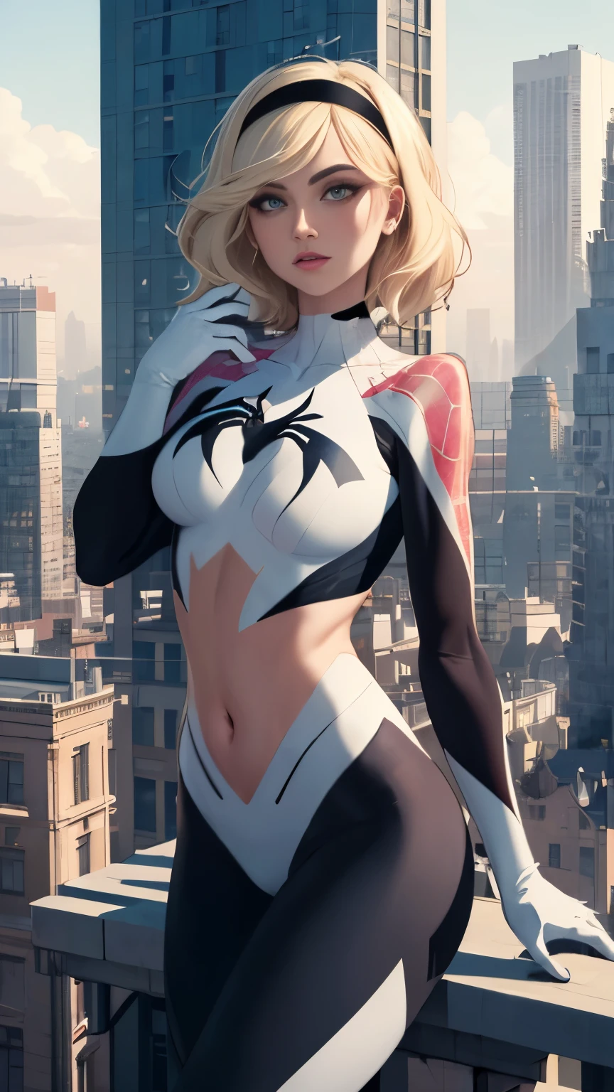 (Highly quality, masterpiece, detailed), city detailed scenario, city detailed background, solo, gwen, spider gwen, blonde hair, multi colored hair, short hair, hairband, 1woman, crop top, spider symbol on the center, gloves, navel, on top of a building, perfect face, beautiful eyes, look at the viewer, Sexy pose