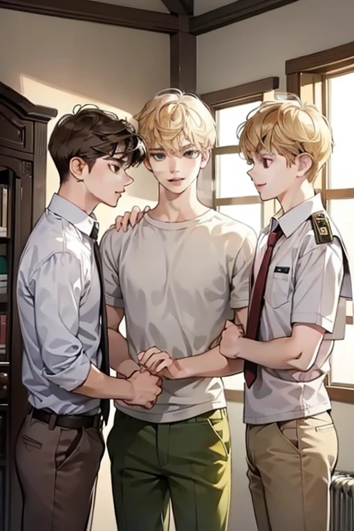 Friends, 3 boys and boy love, different hair color, short dark pink hair and brown eyes, short blonde hair and green eyes, short brown hair and brown eyes , in the school, side by side, cool, blonde hair boy is the tallest, light uniform, smile, white clothe