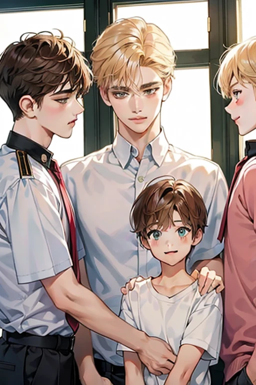 Friends, 3 boys and boy love, different hair color, short dark pink hair and brown eyes, short blonde hair and green eyes, short brown hair and brown eyes , in the school, side by side, cool, blonde hair boy is the tallest, light uniform, smile, white clothe