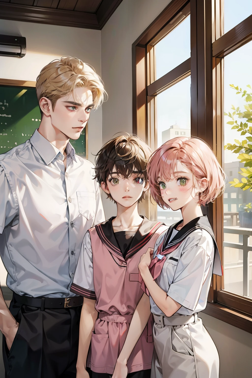 Friends, 3 boys and 2 girl, different hair color, short dark pink hair and brown eyes, short blonde hair and green eyes, short brown hair and brown eyes , in the school, side by side, cool, blonde hair boy is the tallest, light uniform, smile, white clothe