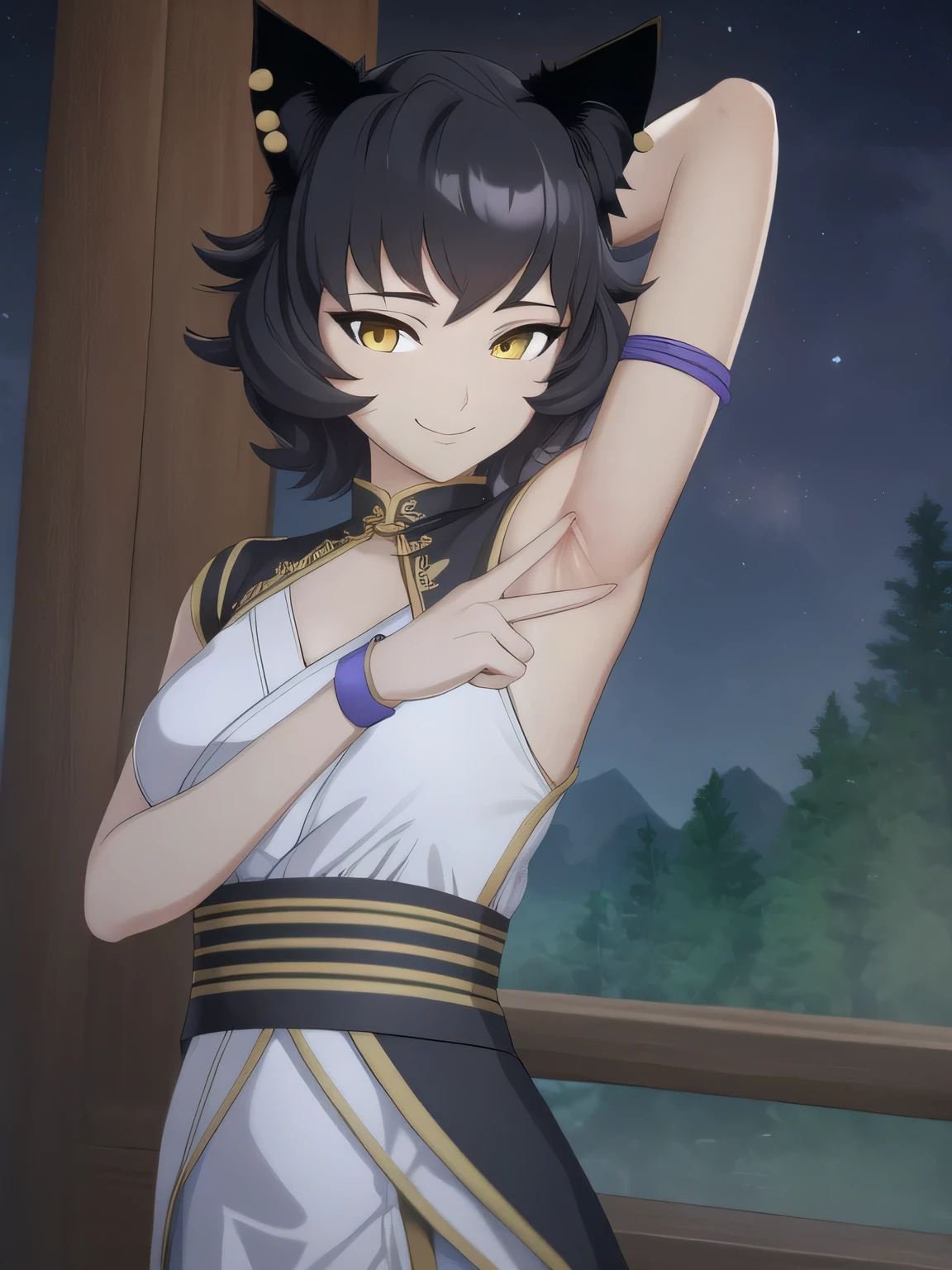 8k, highly detailed,
kali belladonna,
dress,
solo, night sky, forest, arms behind head, contrapposto, spread armpits, closed mouth, smile, upper body, smile, looking at viewer