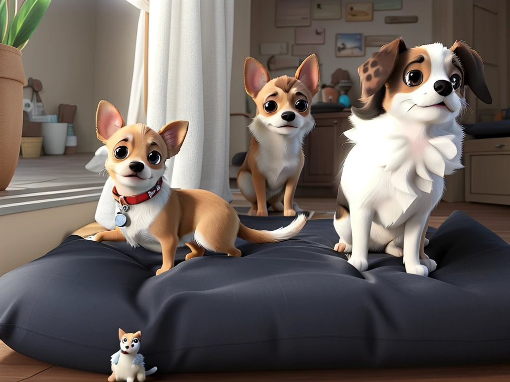 3 chihuahua dogs, 1 brown with short hair, 1 brown with white spots and long hair and 1 white with black spots and long hair, disney pixar style, high quality, best quality