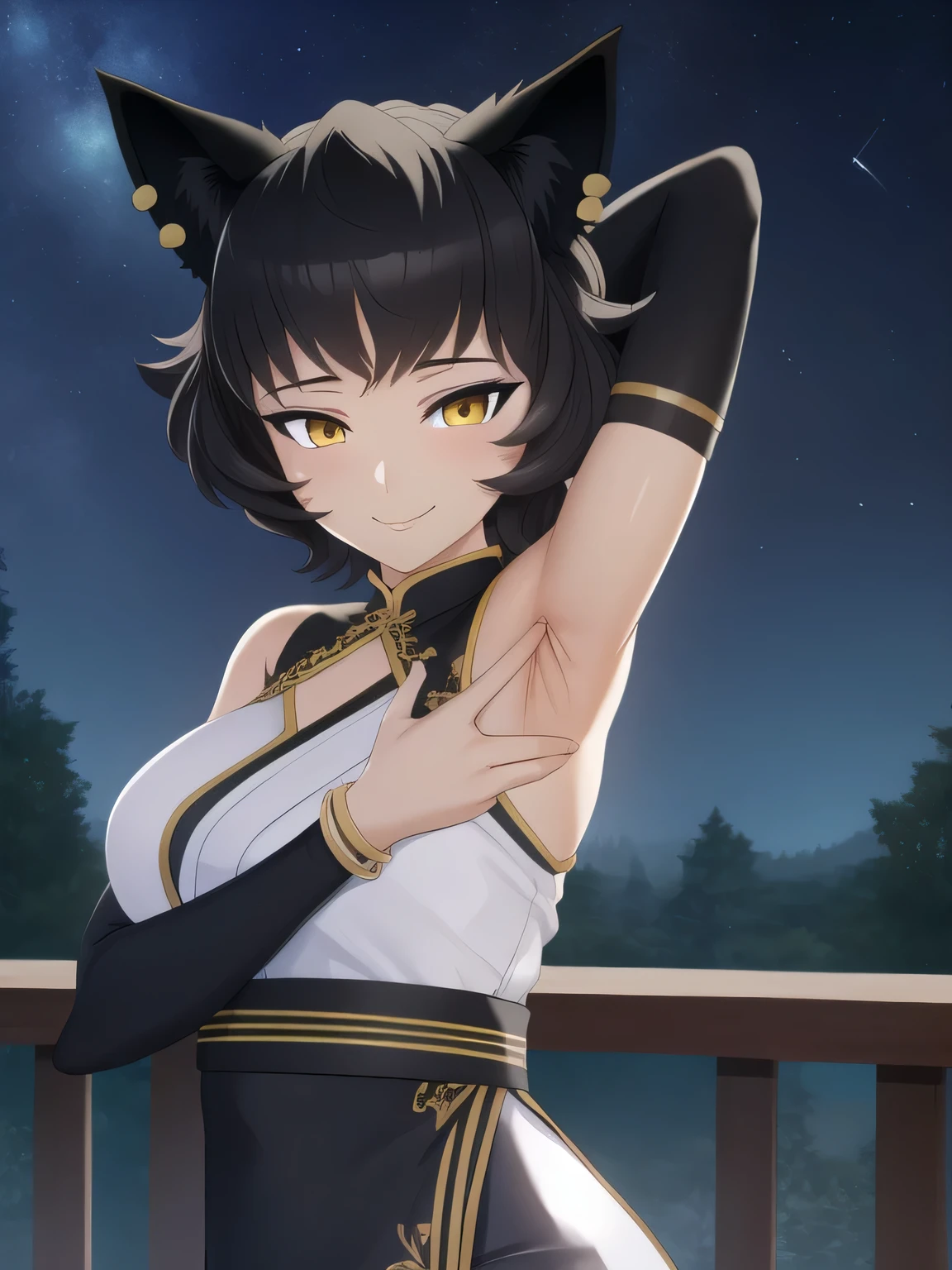 8k, highly detailed,
kali belladonna,
dress,
solo, night sky, forest, arms behind head, contrapposto, spread armpits, closed mouth, smile, upper body, smile, looking at viewer