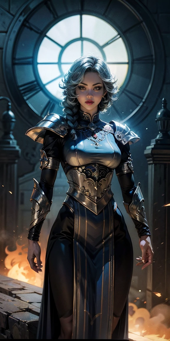 (masterpiece, best quality), 1girl, LadyDimitrescu, older, mature, long face, light skin, black hair, pale skin, solo, makeup, lipstick, red lips, jewelry, gothic, flower, black lips,m, short hair, curvy, black flower, gold armor, full body armor, breast plate, chest plate, gauntlets, pauldrons, leg armor, knee armor, feet armor, black pants, turtleneck, chainmail