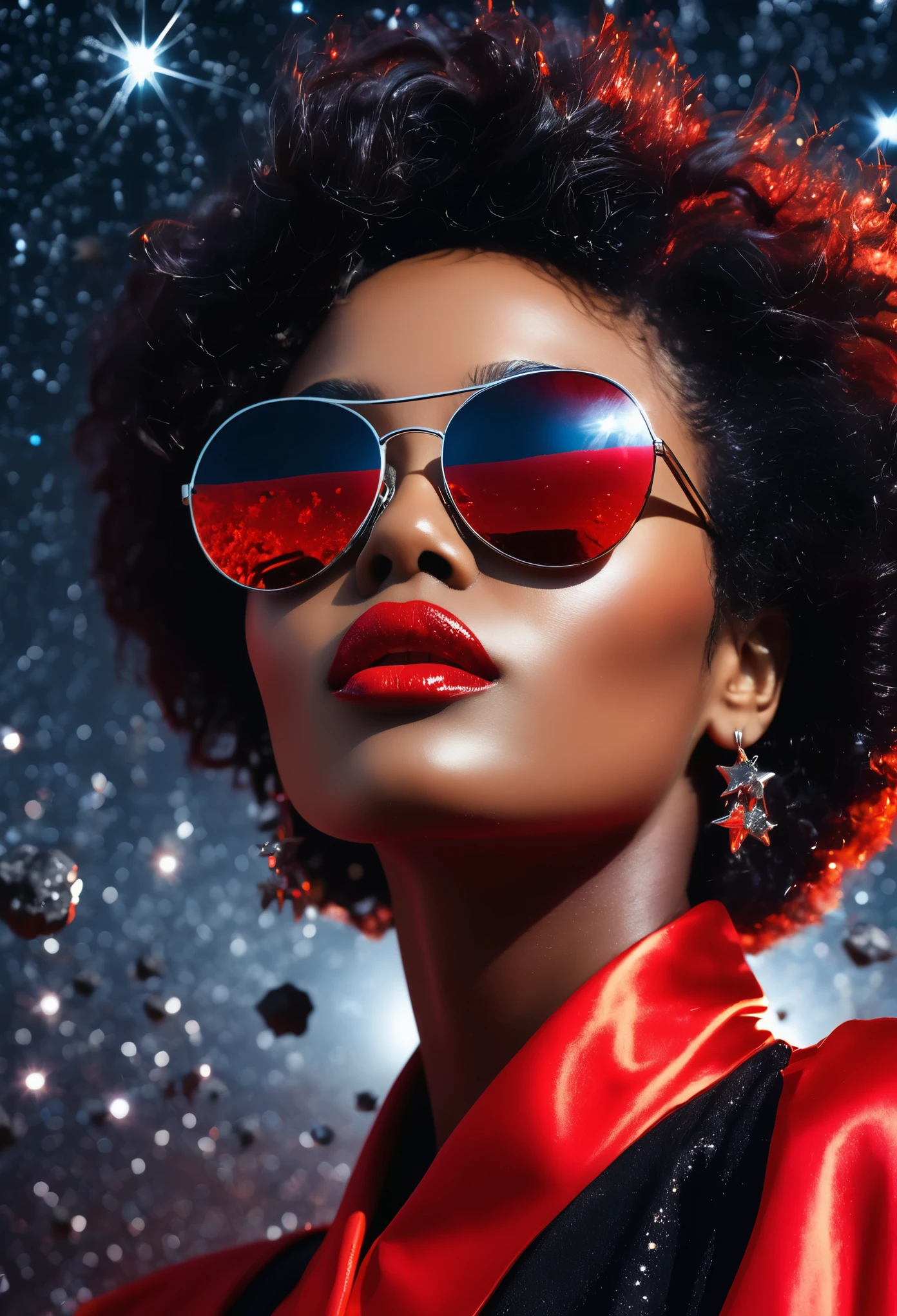 Close up shot Arafad image of a very beautiful black woman wearing black sunglasses with reflection of meteorites fall to earth with stars in the galaxy in outer space reflecting in her black sunglasses, cosmic art fashion photography, In the red dream world, Portrait shoot, Inspired by Lan Ying, high fashion photography, Award-winning fashion photos, fine art portrait photography,  32k artistic portrait photography, fashion photography 