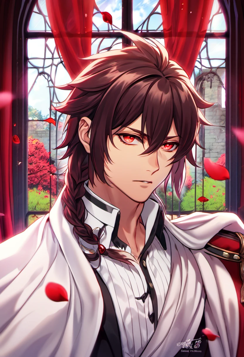 absurdres, highres, ultra detailed, HDR), master piece, best quality, Crowley Eusford, maroon bangs, while the rest of his hair is dark brown, long hair is kept in a braid that comes over his shoulder on the left side of his neck, expressive red eyes, Owari no seraph, white cape, white clothes, 1man, handsome, window, petals, red curtains, inside a castle