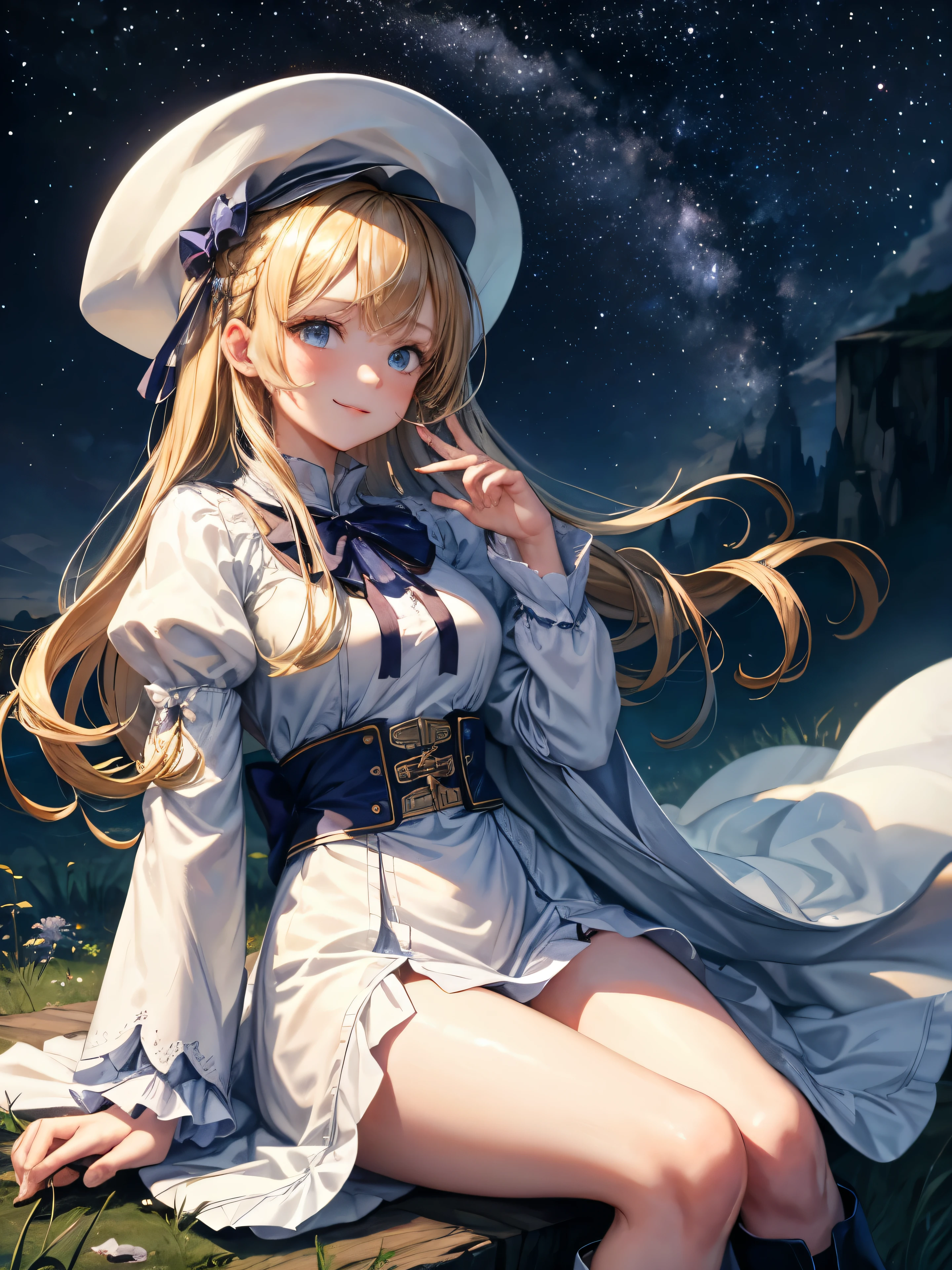 highest quality、best image quality、In 8K,4K,masterpiece、super detailed、beautiful、super high quality、nice,game CG,beautiful girl,five fingers,(cowboy shot),shrine maiden, blonde hair, blue eyes, long hair, hair between eyes,magic wand to grab,smile,Knee-high boots, dress, frills sleeves, frills, have, white hat, pelvic curtain, high heels, robe, thigh boots, white thighs, long sleeve, puffy sleeves,hair blowing in the wind、starry sky,Mysterious space,own hands clasped,light powder