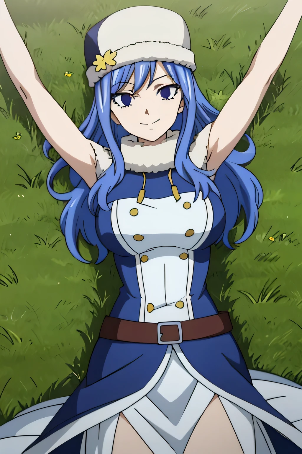 masterpiece, absurdres , (intricate details), (colorful), bust shot, extremely detailed CG unity 8k wallpaper, juviagmg, 1girl, looking at viewer, solo, on grass, on back, arms up, spread arms, cowboy shot, closed mouth, smile