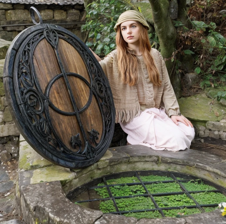 mulher de cabelos castanhos e rosto quadrado sentada em um banco de pedra ao lado de uma porta de madeira, dentro de uma casa de hobbit medieval, scene where she is in Rivendell, inspirado em Eleanor Fortescue-Brickdale, Hippie caseiro, em sua casa de hobbit, in the middle of round ruins, foto de retrato, como um personagem de fantasia medieval, buraco do hobbit, inspirado em Arthur Hughes