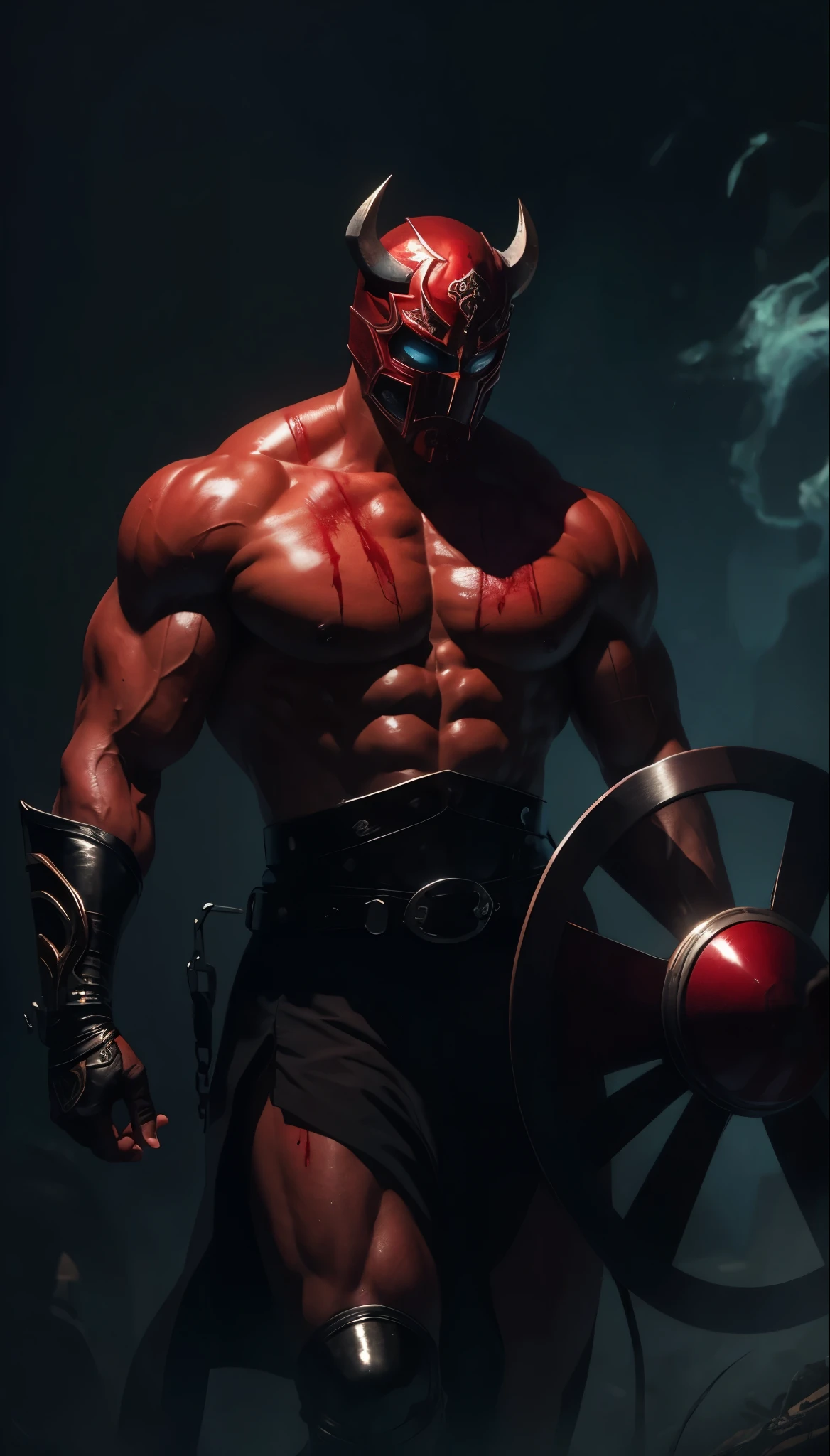 Muscular macho, wrestling mask, bloody devil mask, champion theme. Powerful body, sweating body. Heatwaves 