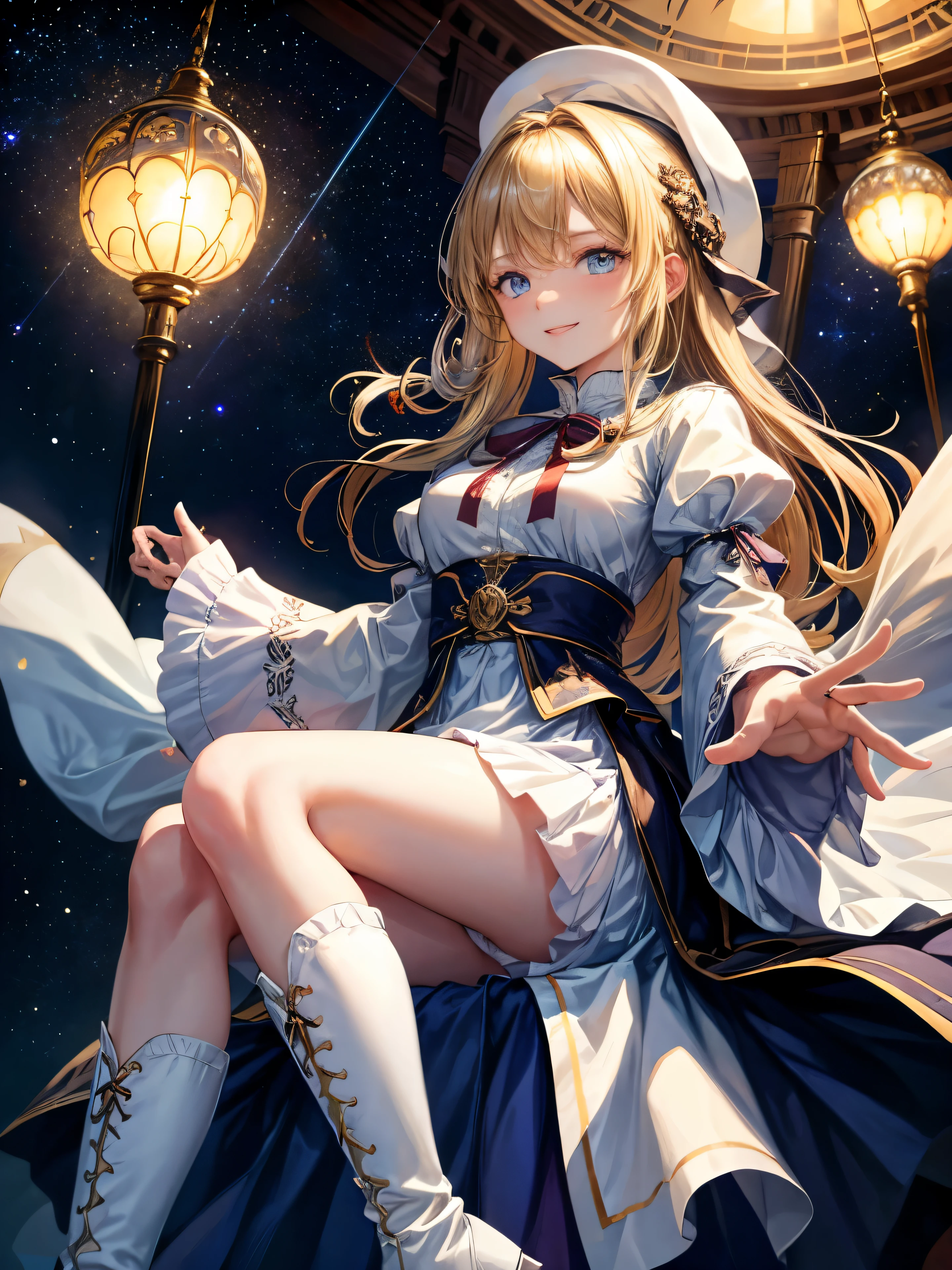 highest quality、best image quality、In 8K,4K,masterpiece、super detailed、beautiful、super high quality、nice,game CG,beautiful girl,five fingers,(cowboy shot),shrine maiden, blonde hair, blue eyes, long hair, hair between eyes,magic wand to grab,smile,Knee-high boots, dress, frills sleeves, frills, have, white hat, pelvic curtain, high heels, robe, thigh boots, white thighs, long sleeve, puffy sleeves,hair blowing in the wind、starry sky,Mysterious space,own hands clasped,light powder