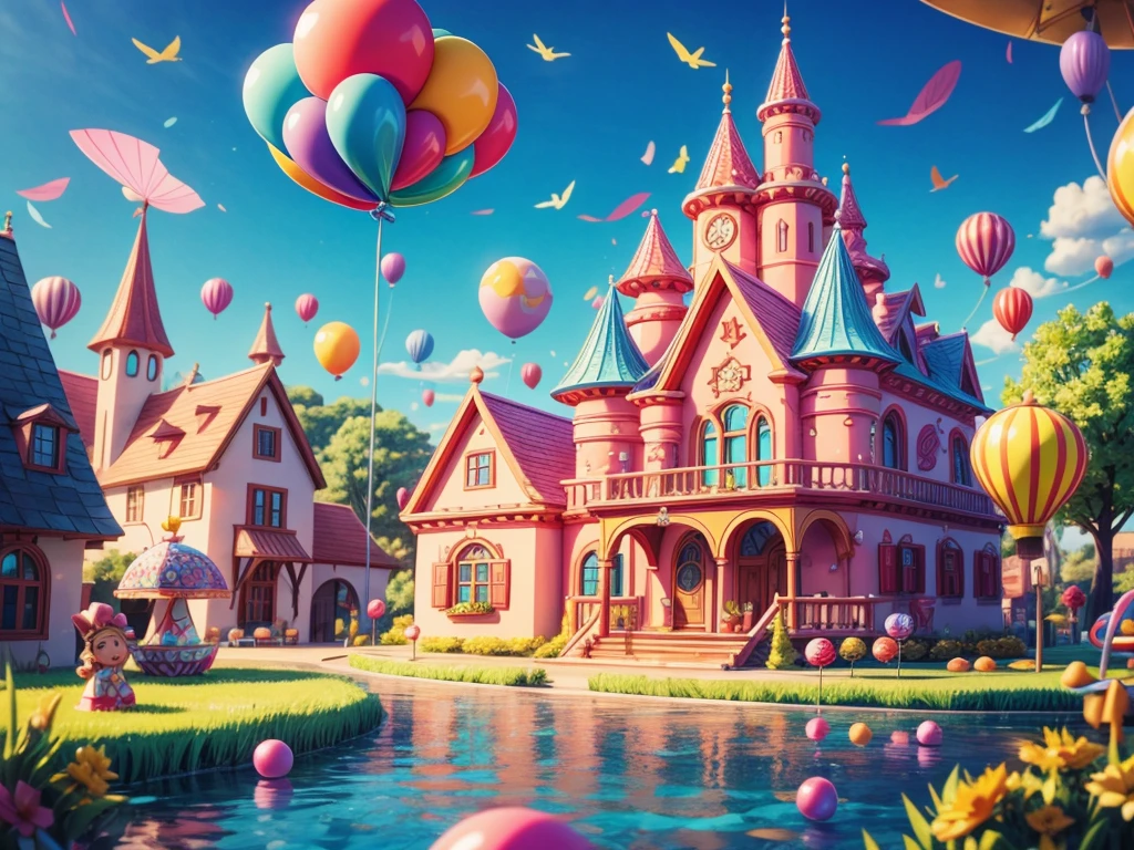 best quality, highres, ultra-detailed, vibrant colors, dreamlike atmosphere, fantasy world, candy-like textures, whimsical characters, playful scene, lollipop trees, sugary landscapes, magical castle, colorful candies and sweets, chocolate rivers, cotton candy clouds, sparkling sugar sprinkles, rainbow-colored balloons, smiling gingerbread men, candy cane archways, sugar-coated flowers, bubblegum houses, candy-filled jars, enchanted carousel, sugar rush, joyful celebration, sweet dreams