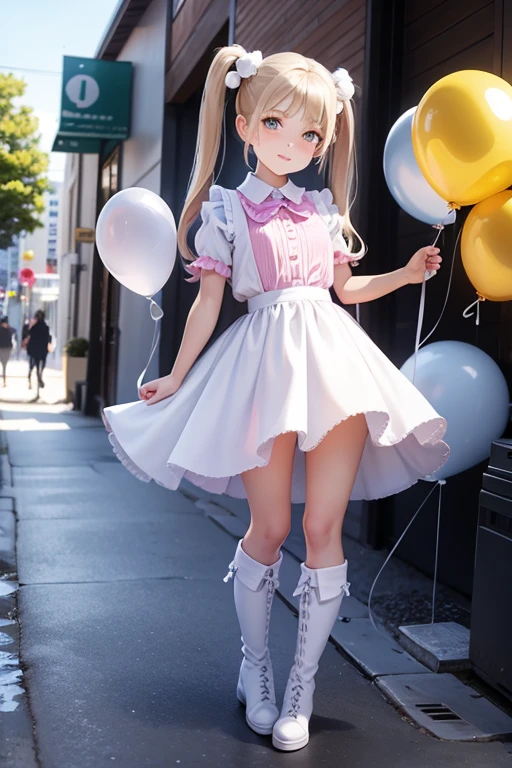 having a white balloon , full body, real photo, 11 years old girl, twin tails, looking down at me, boots, 