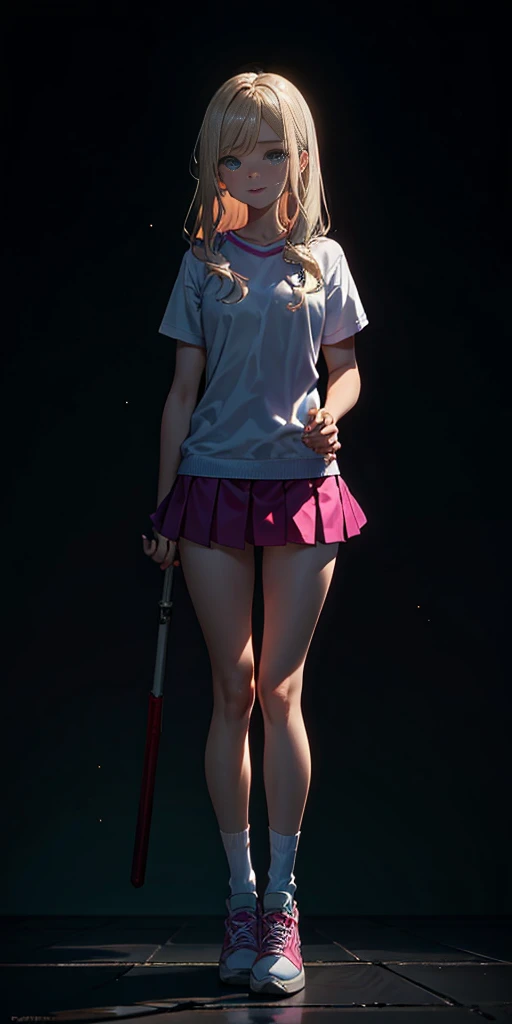 beautiful, (masterpiece:1.2), (best quality:1.2), Beautiful 10-year-old white girl with blue eyes, long swept-back straight blond hair, Happy hands behind body (hiding dingers and hands), Pink and white frilly miniskirt, pink shirt, pink socks, white sneakers, California City background, daylight.