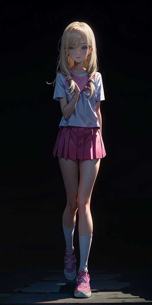 beautiful, (masterpiece:1.2), (best quality:1.2), Beautiful 10-year-old white girl with blue eyes, long swept-back straight blond hair, Happy), Pink and white frilly miniskirt, pink shirt, pink socks, white sneakers, California City background, daylight.