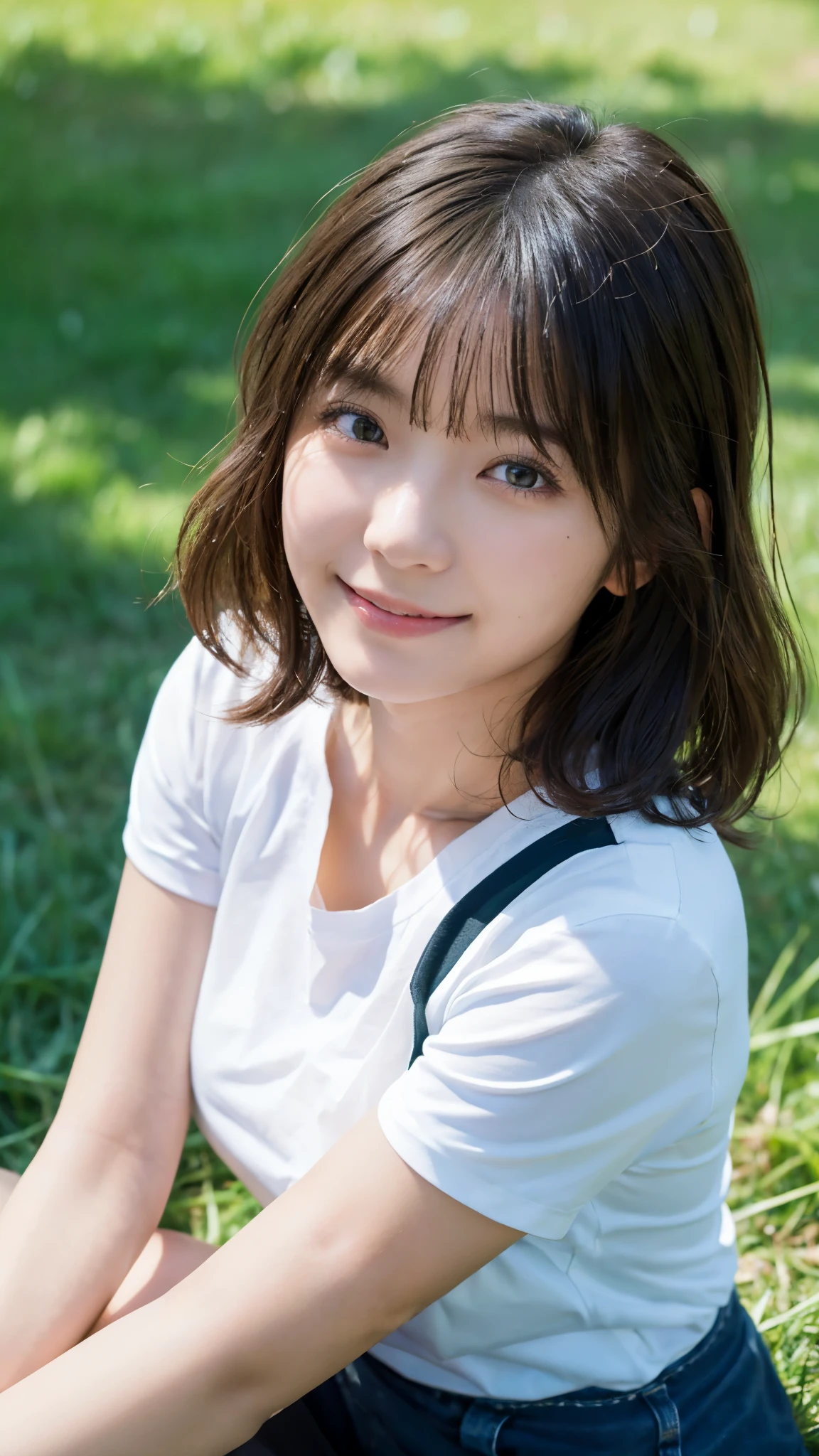 (highest quality,masterpiece:1.3,ultra high resolution),(Super detailed,caustics,8k),(photorealistic:1.4,RAW shooting),18-year-old,cute,Japanese,Short black hair with outward curls,(white t-shirt),big ,(smile),look up at the camera,blue sky,sun,Backlight,(top of the hill),(Tall green grassland:1.1),(sitting in the grass),(bust up shot),(face focus),(face close up),bird&#39;s eye view,(High-situation:1.4),(high angle:1.4),Natural light