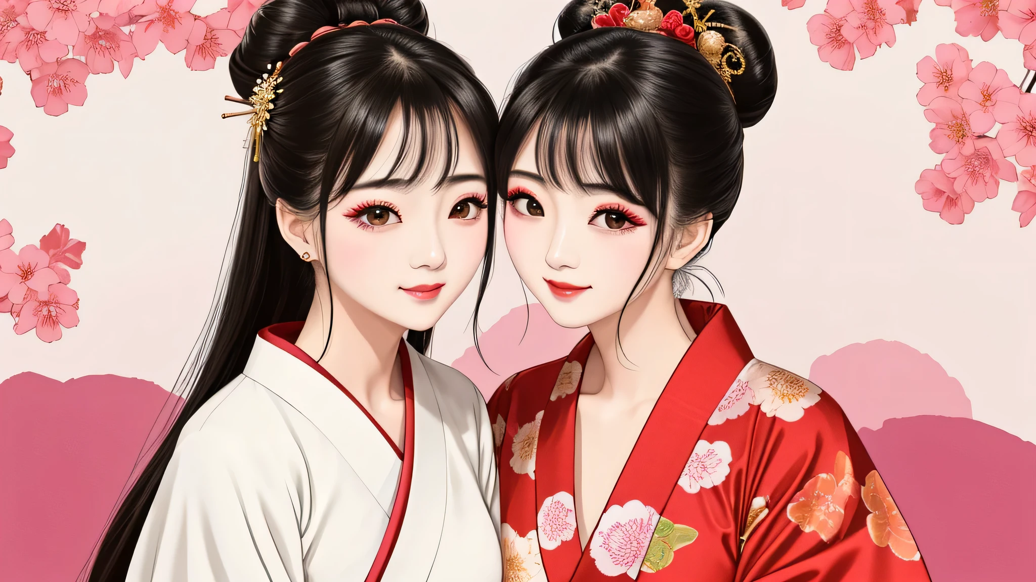Each has a different expression2People and sisters、(2 girls)、⦅Dancing traditional performing arts gracefully)、((big breasts、small face、not exposed))、highest quality、masterpiece、(black hair、Bun Hair)、brown eyes、⦅wide angle、Angle from above, from the waist up、Pause on the magazine cover、Each person has a different perspective when looking into the distance⦆、(8K high quality、masterpiece、High resolution、Realistic and beautiful light and shadow、(highest quality)、(high resolution)、(very delicate and beautiful)、(beautiful 8k face)、(Close your eyes while smiling、Beautiful eyes)、(Transparent skin)、(soft hair)、(8head and body)、(Japanese-style yukata kimono with red, pink, and orange floral patterns on a white background, mixed with gold powder、Five beautiful Japanese girls wearing yukata)、((tanabata decoration background))、((small face))、(arms up)、thin and small nose、(red lipstick)、(make cheeks red)、(Glossy skin)、((Ink painting style))、extremely thin eyebrows、Overall super high quality、(She wears maiko-style makeup)、Whitening、long and beautiful eyelashes、Glossy skin、(red cheeks),straight nose、masterpiece、highest quality、whole body、 eyebrows visible through hair、Bun Hair、grin、gal、Kogal、Viewer's perspective、Plaid、Fashionable、woman、fine、Pause、
Waiting to start