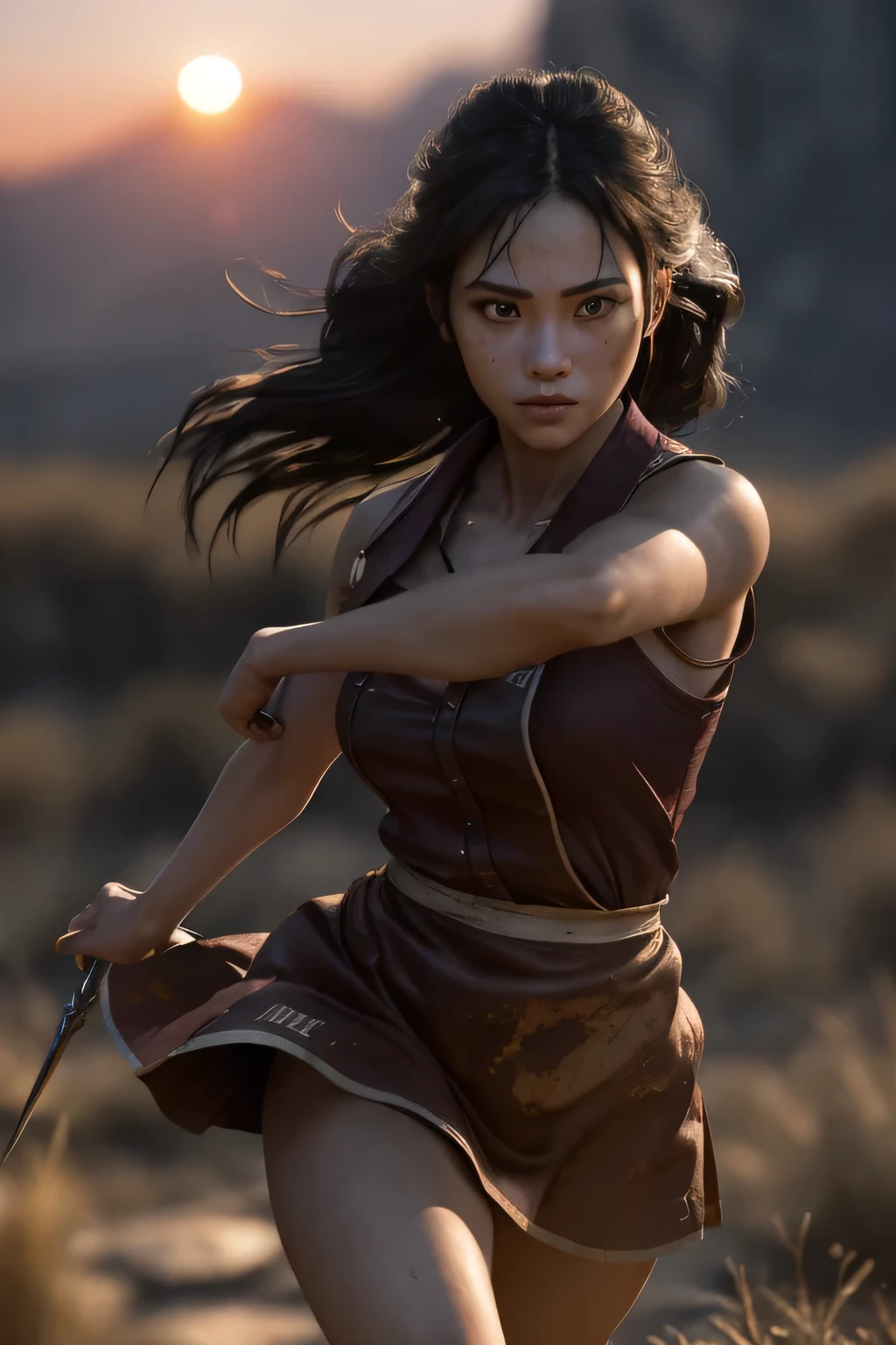 (masterpiece), (very complicated:1.3), (realistic), girl portrait, (dark fantasy, gore), (dynamic perspective), the most beautiful in the world, (waitress), outdoor, dynamic angle, running fighting stance, dry river bed, Kure, Haifa, Stunning female professional photo details, sharp focus, dramatic, Award history, cinematic lighting, Octane Rendering Unreal Engine, volumetrics dtx, (film grain, blurred background, blurred foreground, Bokeh, Depth of the bounds written, sunset), holding sickle