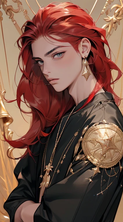 (((8k, Fotos RAW, Melhor qualidade, obra-prima: 1.4))), ultra-high resolution, ultra-detalhado, lamparina, Decote em close, Homem bonito, olhos dourados, (olhos detalhados, eyes are bright:1.2), (long medium red hair), pale skin, piercings nas orelhas, escuro, Roupas pretas, Roupas meticulosas, gold accessories in clothes, (anatomia perfeita:1.2), Sombra de alta qualidade,  natural lighting, (destaques brancos:1.2), a noite, dia nublado, (Starry sky:1.2)