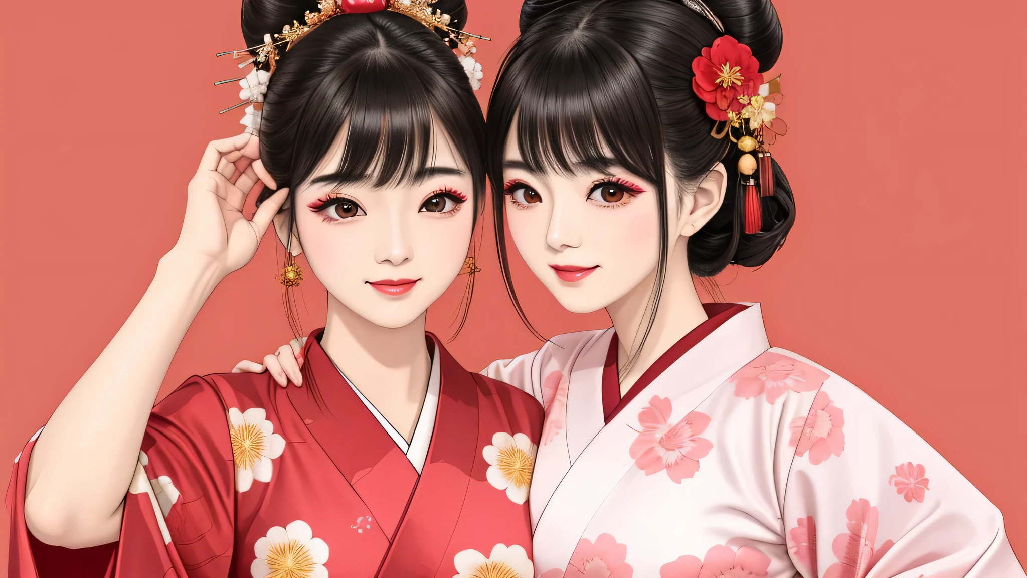 Each has a different expression2People and sisters、(2 girls)、⦅Dancing traditional performing arts gracefully)、((big breasts、small face、not exposed))、highest quality、masterpiece、(black hair、Bun Hair)、brown eyes、⦅wide angle、Angle from above, from the waist up、Pause on the magazine cover、Each person has a different perspective when looking into the distance⦆、(8K high quality、masterpiece、High resolution、Realistic and beautiful light and shadow、(highest quality)、(high resolution)、(very delicate and beautiful)、(beautiful 8k face)、(Close your eyes while smiling、Beautiful eyes)、(Transparent skin)、(soft hair)、(8head and body)、(Japanese-style yukata kimono with red, pink, and orange floral patterns on a white background, mixed with gold powder、Five beautiful Japanese girls wearing yukata)、((tanabata decoration background))、((small face))、(arms up)、thin and small nose、(red lipstick)、(make cheeks red)、(Glossy skin)、((Ink painting style))、extremely thin eyebrows、Overall super high quality、(She wears maiko-style makeup)、Whitening、long and beautiful eyelashes、Glossy skin、(red cheeks),straight nose、masterpiece、highest quality、whole body、 eyebrows visible through hair、Bun Hair、grin、gal、Kogal、Viewer's perspective、Plaid、Fashionable、woman、fine、Pause、
Waiting to start
