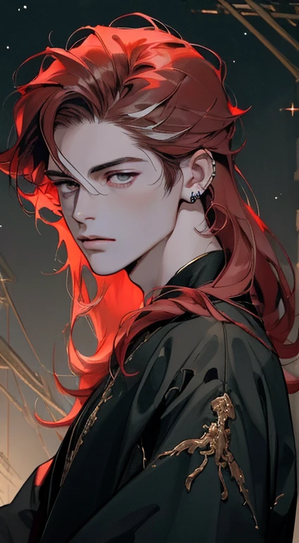 (((8K, RAW photos, Best quality, tmasterpiece: 1.4))), ultra high resolution, ultra - detailed, lamplight, Close-up cleavage, Handsome men, gold eyes, (detailed eyes, The eyes are bright:1.2), (Medium long red hair), pale-skinned, ear piercings, Dark, Blackn clothes, Meticulous clothes, gold accessories on clothes, (perfect anatomia:1.2), Highqualityshadow,  natural  lightting, (White highlights:1.2), natta, overcast day, (starrysky:1.2)