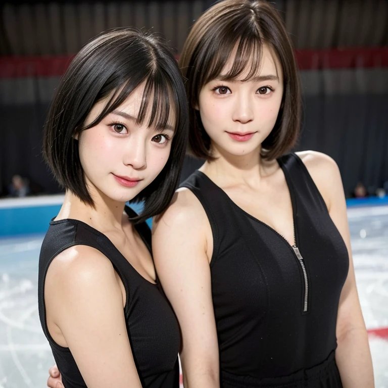 (kawaii 24 year-old Japanese girl, Nogizaka idol, Korean idol), healthy female athlete, figure skater, (glossy black hair, messy very short hair, messy pixie cut, symmetric hair length, even length hair edges:1.3), (bangs), (rounded face, black eyes, single eyelid, no makeup, soft smiling:1.2), (wearing long sleeved training half zip tops:1.3), flat chest, extra small breasts, sports leggings, (looking at viewer:1.2), BREAK, (ice skate arena background:1.3), (dynamic angle:1.3), face focus, BREAK, (masterpiece, best quality, photo realistic, official art:1.4), (UHD, 8K quality wallpaper, high resolution, raw photo, golden ratio:1.2), (shiny skin), professional lighting, physically based rendering, award winning, (perfect anatomy, highly detailed skin, extremely detailed face and eyes), Carl Zeiss 300 mm F/2.8, depth of field, 1girl, solo,