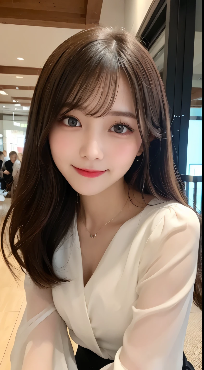 table top, highest quality, shape, Super detailed, finely, High resolution, 8k wallpaper, 完璧なダイナミックな構shape, beautiful and detailed eyes,ランダムなcute髪,,natural color lip, bold sexy pose,smile、20 year old girl、cute、look at the camera,Always blur the background,perfect and beautiful face,slim face and style,Big eyes、Do gal makeup,small face,shot from below、smile,Blurred background of Tokyo station interior,Sheer White Blouse、flare skirt、Please be serious about being cute
