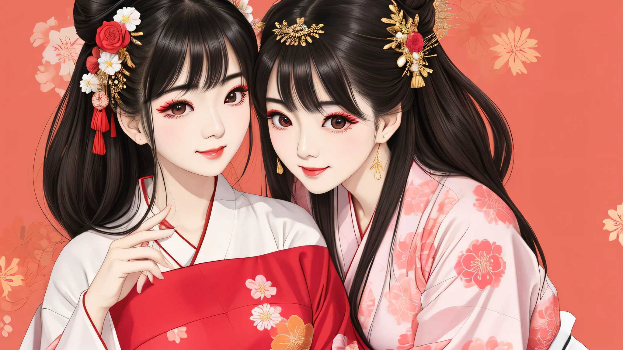 Each has a different expression２People and sisters、(２ girls）、｟Dancing traditional performing arts gracefully)、((big breasts、small face、not exposed))、highest quality、masterpiece、（black hair、Bun Hair）、brown eyes、｟wide angle、Angle from above, from the waist up、Pause on the magazine cover、Each person has a different perspective when looking into the distance｠、(８K high quality、masterpiece、High resolution、Realistic and beautiful light and shadow、(highest quality)、(high resolution)、(very delicate and beautiful)、(beautiful 8k face)、(Close your eyes while smiling、Beautiful eyes)、(Transparent skin)、(soft hair)、(８head and body)、(Japanese-style yukata kimono with red, pink, and orange floral patterns on a white background, mixed with gold powder、wearing a yukata２Japanese beautiful girl)、((tanabata decoration background))、((small face))、(arms up)、thin and small nose、（red lipstick）、（make cheeks red）、（Glossy skin）、((Ink painting style))、extremely thin eyebrows、Overall super high quality、（She wears maiko-style makeup）、Whitening、long and beautiful eyelashes、Glossy skin、（red cheeks）,straight nose、masterpiece、highest quality、whole body、 eyebrows visible through hair、Bun Hair、grin、gal、Kogal、Viewer&#39;s perspective、Plaid、Fashionable、woman、fine、Pause、
Waiting to start 
