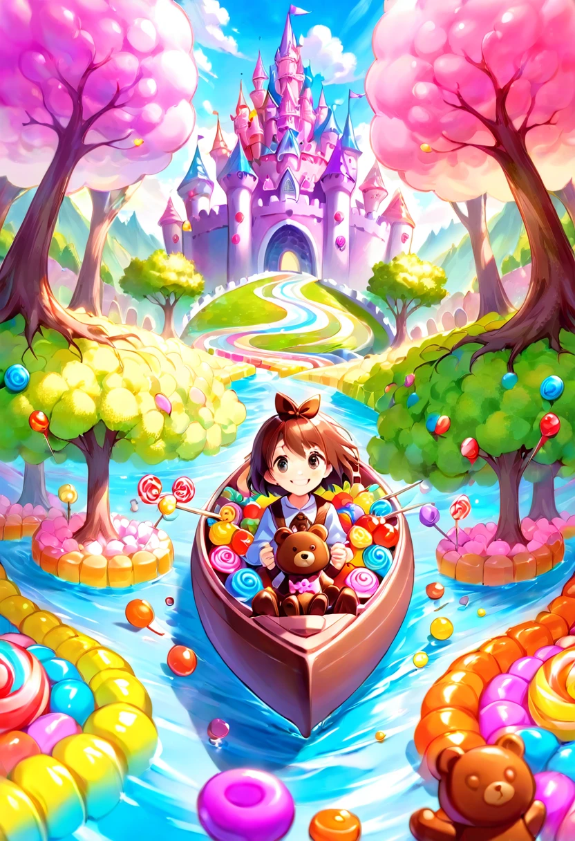 candyland, Candy Explorer, rowing a Candy Boat across a Chocolate River, smile excitedly; Candy Castle Adventure, Chocolate River, lollipop tree, gummy bear; fantastic, whimsical, Fisheye lens, soft focus