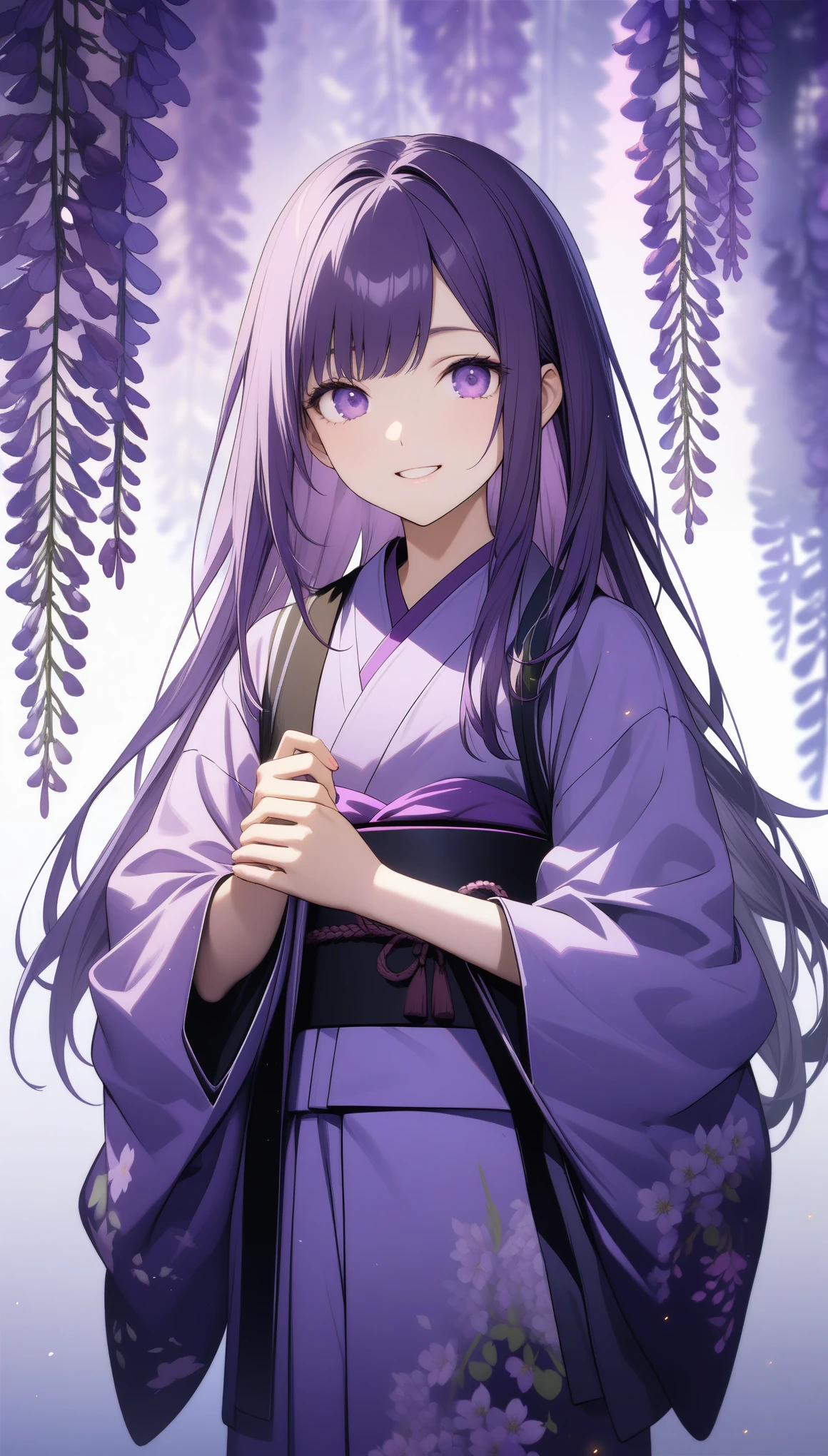 32k, best quality, ultra high res, HDR, UHD, extremely detailed CG, unity 32k wallpaper, (((hight quality))), (((high-level image quality))), ((smile)), (((hight quality wisteria flowers background))), (((purple long hair))), (((purple eyes))), (((18 years old))), (((illustration))), (((purple light particles))), (((purple kimono))), (((purple Japanese clothes))),