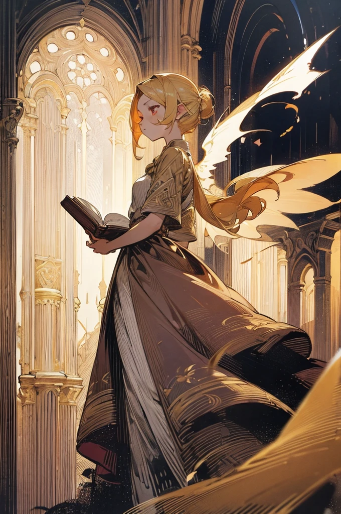 Fairy girl with wings and a book in hand, Classic Long Dress, Fairy Wings, Red eyes and Blonde Hair, Golden Hair, Serious face, Magic, arcane powers, RPG Character