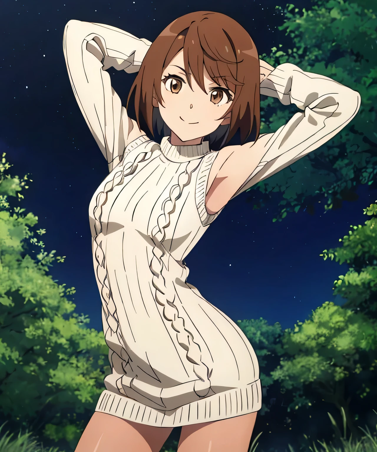 1girl, (shapely body), (solo), hdr, saiai kinuhata, solo, short hair, brown hair, brown eyes, jewelry, sweater, solo focus, solo, night sky, forest, arms behind head, contrapposto, spread armpits, closed mouth, smile, cowboy shot,, looking at viewer, v, white sweater, sweater dress, 