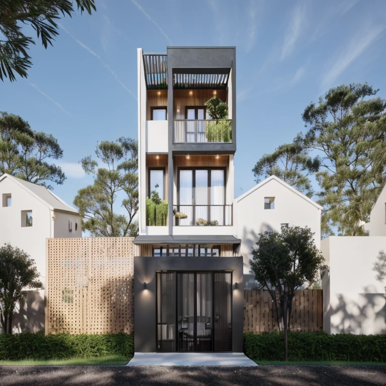 Townhouse in city, daylight,warm light, (sharp focus) front view of townhouse in style of modern, Vietnamese architecture ,mutual colours, soft lighting, warm atmosphere,high Resolution, hyper detailed,8k, hdr, ,vray render, hyper realistic,exterior design , professional photography, exterior photography,wide-angle shot , ultra detail, real world location, road sign, cityscape, pavement, ground vehice, cloudy sky. doors and windows are made by Xingfa. bancony have many trees , ivys, palms. black iron frame. wooden ceiling, ceiling light, black iron gate, iron railing, fence walls is made by black stone