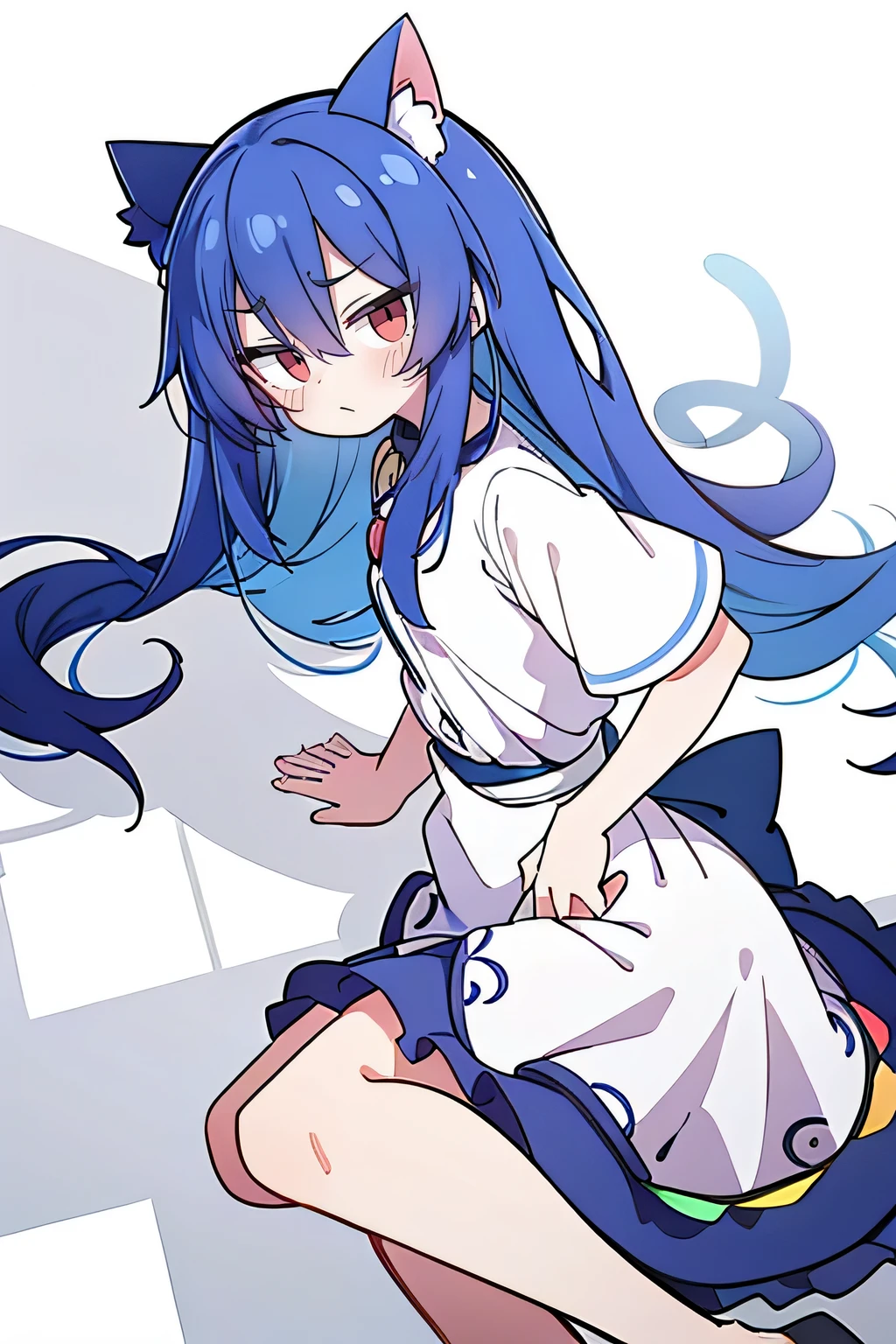 (Masterpiece), best quality, expressive eyes, perfect face, 1girl,
 Put your hands on your waist, fair, gorgeous, Japanese comics, girl, Lola, young angel, blue hair, blue hair, flowing clothes, hug the waist, hug the waist, hands on hips, hands on hips, lay down , lying on the ground, legs on the ground, flat chest, cat ears,red eyes,