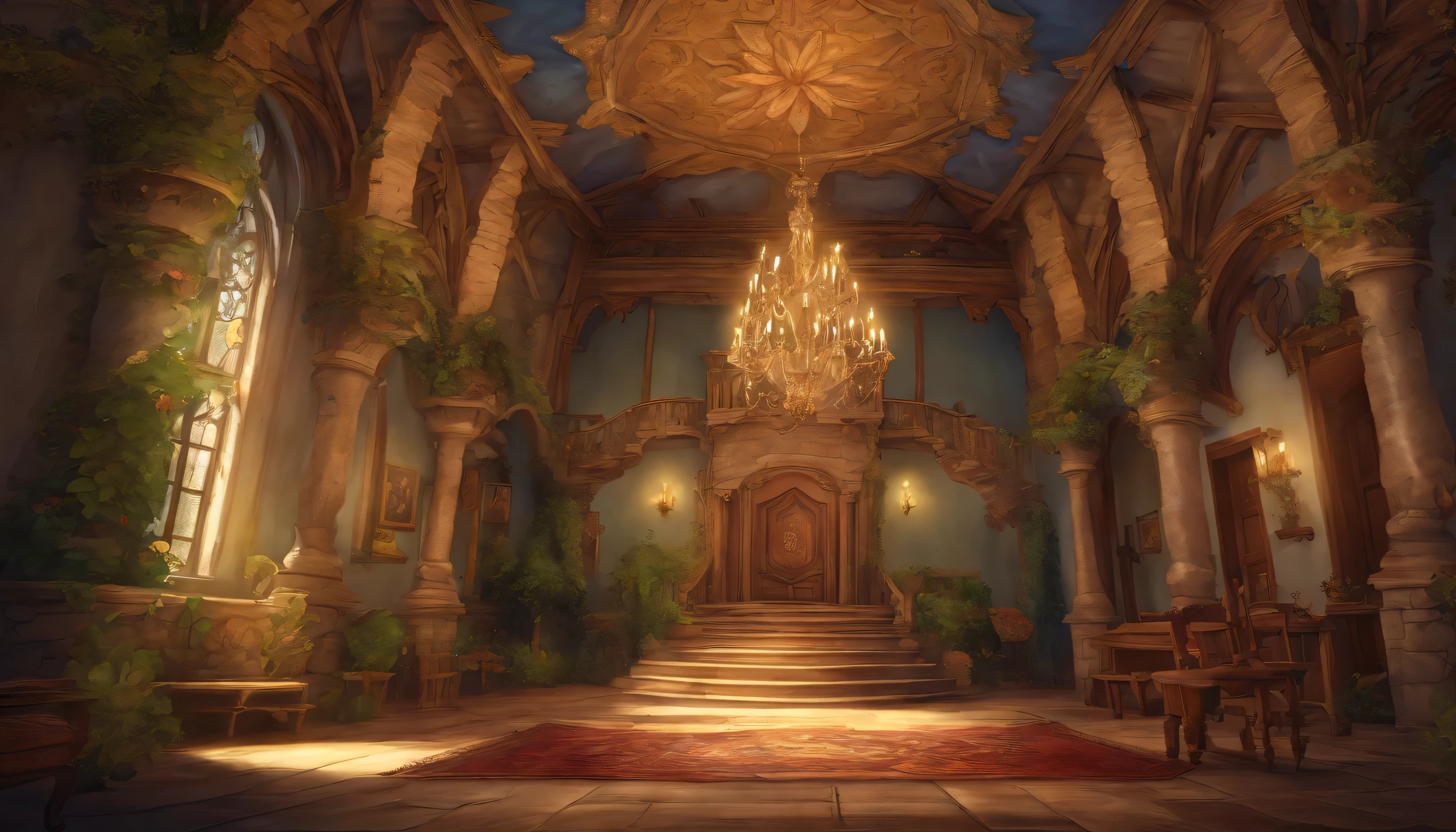 (beautiful town hall, interior), Best quality, highly detailed, fantasy art, concept art, Art fantastique, grand angle, made of tree and fantasy valley, fantasy highly detailed,  highly realistic concept art, Digital 2D fantasy art，Realism，8K