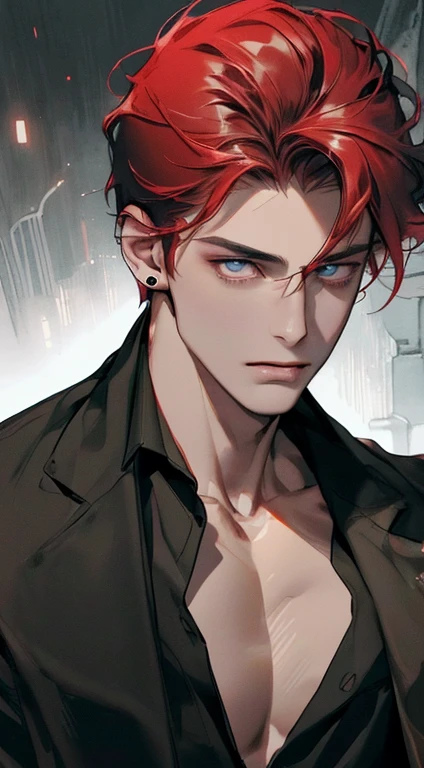 (((8K, RAW photogr, Best quality at best, tmasterpiece: 1.4))), ultra high resolution, ultra - detailed, lamplight, Close-up cleavage, Handsome men, gold eyes, (detailed eyes, The eyes are bright:1.2), Medium long red hair, pale-skinned, ear piercings, Dark, Blackn clothes, Meticulous clothes, gold accessories on clothes, Sharp fangs, (perfect anatomia:1.2), Highqualityshadow,  natural  lightting, (White highlights:1.2), natta, overcast day, (Hand:1.2), (starrysky:1.2)