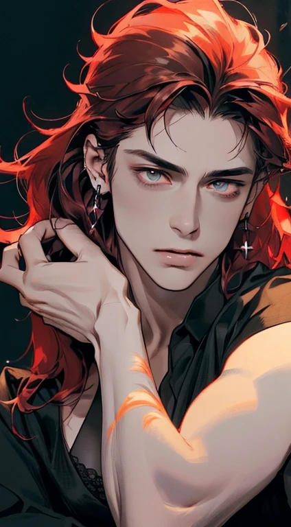 (((8K, RAW photogr, Best quality at best, tmasterpiece: 1.4))), ultra high resolution, ultra - detailed, lamplight, Close-up cleavage, Handsome men, gold eyes, (detailed eyes, The eyes are bright:1.2), Medium long red hair, pale-skinned, ear piercings, Dark, Blackn clothes, Meticulous clothes, gold accessories on clothes, Sharp fangs, (perfect anatomia:1.2), Highqualityshadow, natural lightting, (White highlights:1.2), natta, overcast day, (Hand:1.2), (starrysky:1.2)