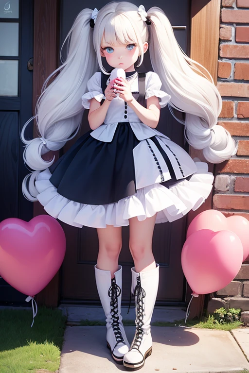 having a white balloon , full body, real photo, 11 years old girl, twin tails, looking down at me, boots, 