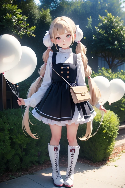 having a white balloon , full body, real photo,  girl, twin tails, looking down at me, boots, 